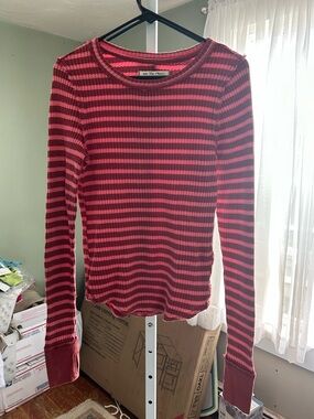 We The Free Striped Long-Sleeve Waffle Knit Top in Pink and Burgundy